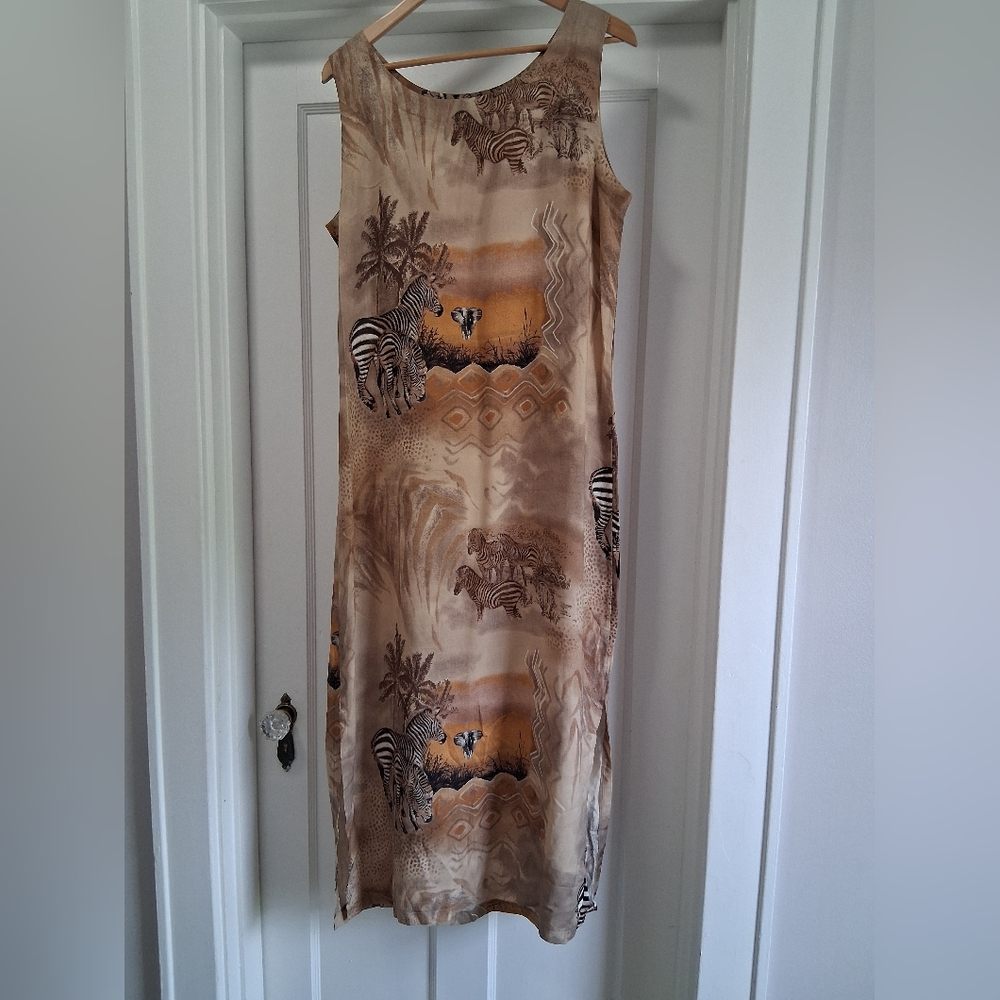 Sea Suns Vintage Safari Zebra Elephant Sleeveless Maxi Tank Dress Size Large